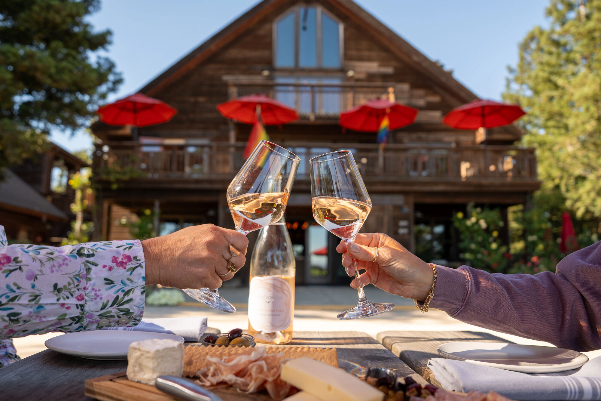 Two people toasting with a glass of La Crema Rosé at the La Crema estate